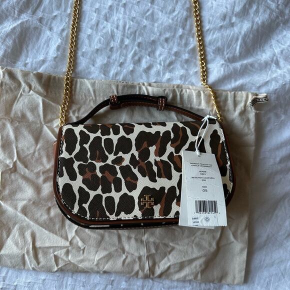 Tory Burch Emerson Printed Top Handle Crossbody In Leopard Print Chainlink NWT - Picture 11 of 15